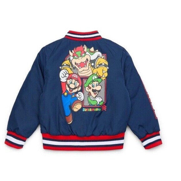 Super Mario Boys Bomber Jacket Official License Zip Pockets Size 10/12 Blue NWT - Picture 2 of 3
